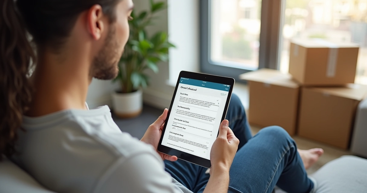Cliente analisando manual digital no apartamento recém-entregue 