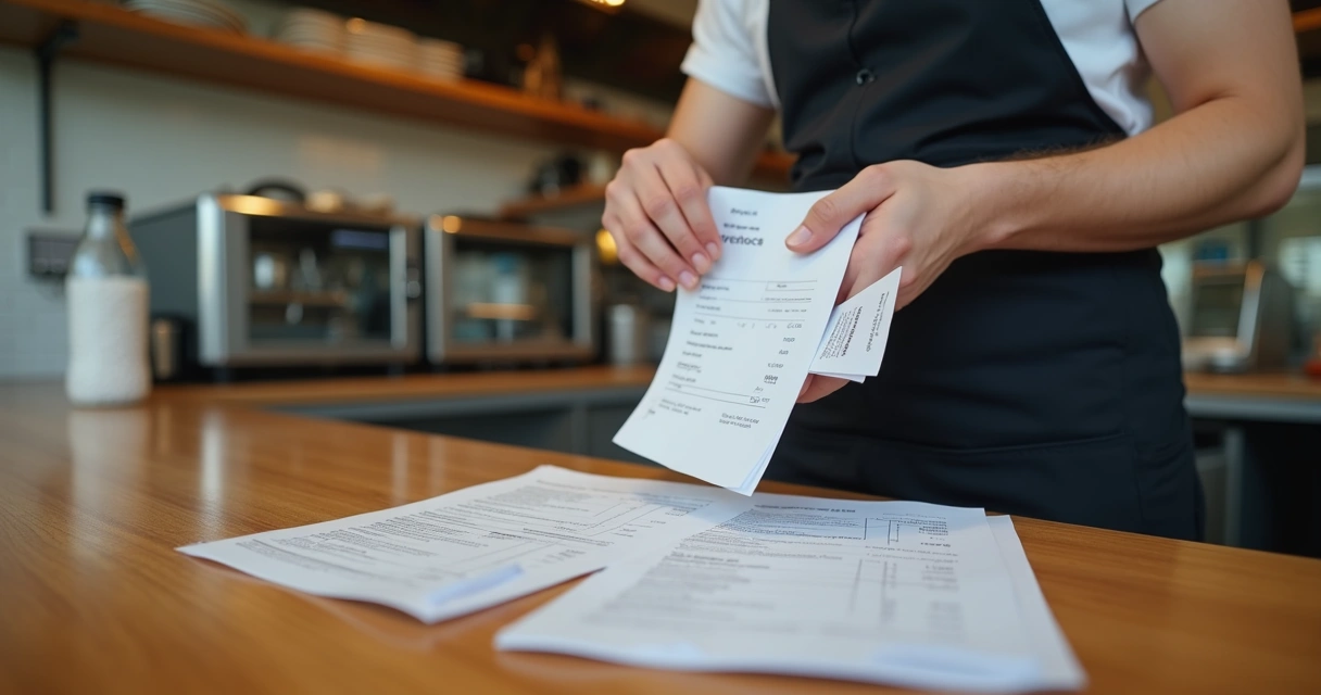 Gerente de restaurante conferindo nota fiscal após conserto 
