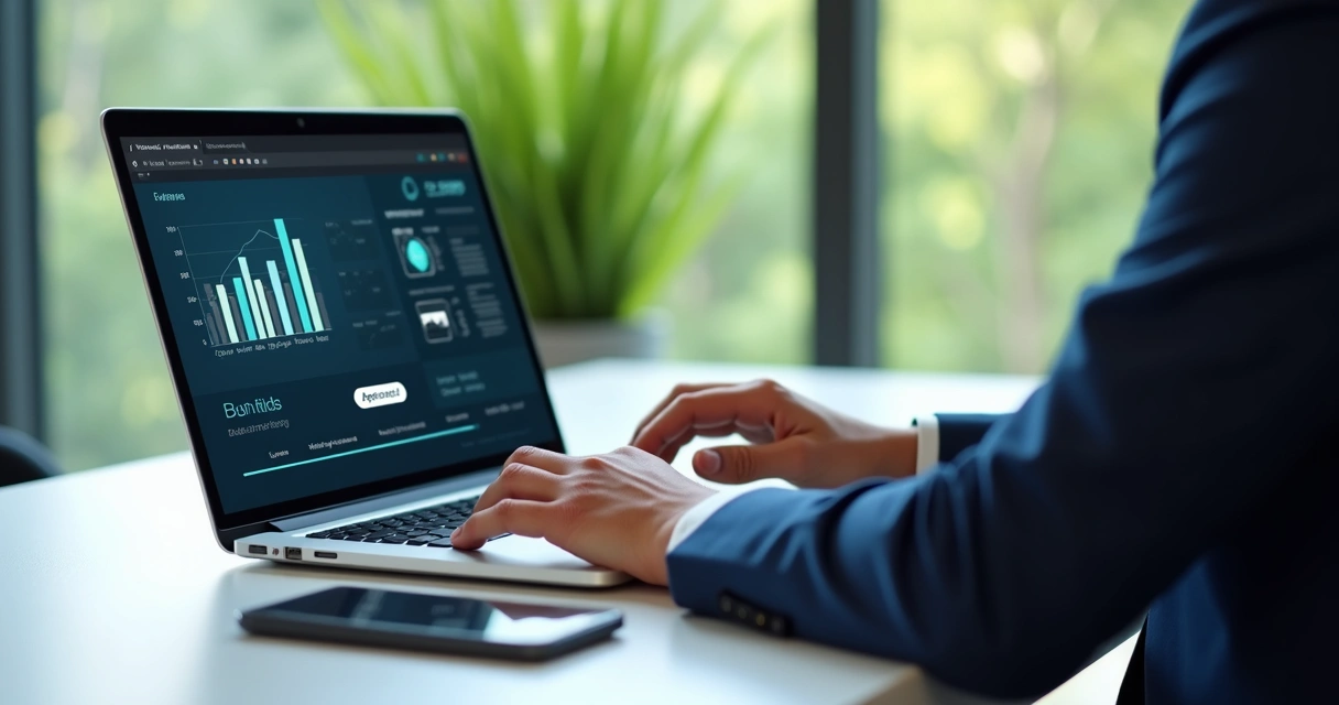 Executivo analisa proposta digital com gráficos em um notebook 