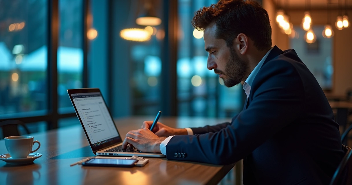 Homem sentado analisando site digital no notebook 