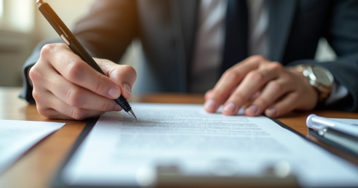 Pessoa lendo contrato de imóvel na frente de uma mesa com documentos