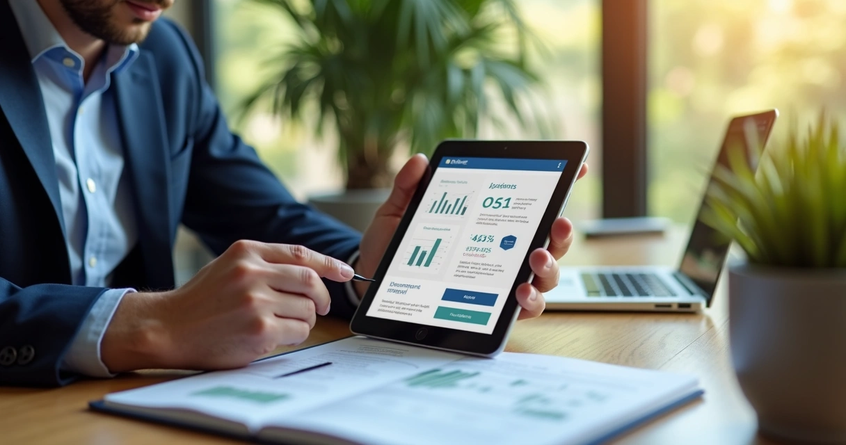 Empresário analisando proposta digital em tablet com gráficos, vídeos e opções interativas 