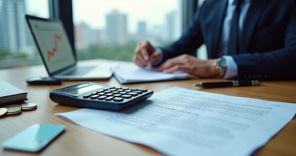 Pessoa analisando contrato bancário com calculadora e símbolo de juros altos 