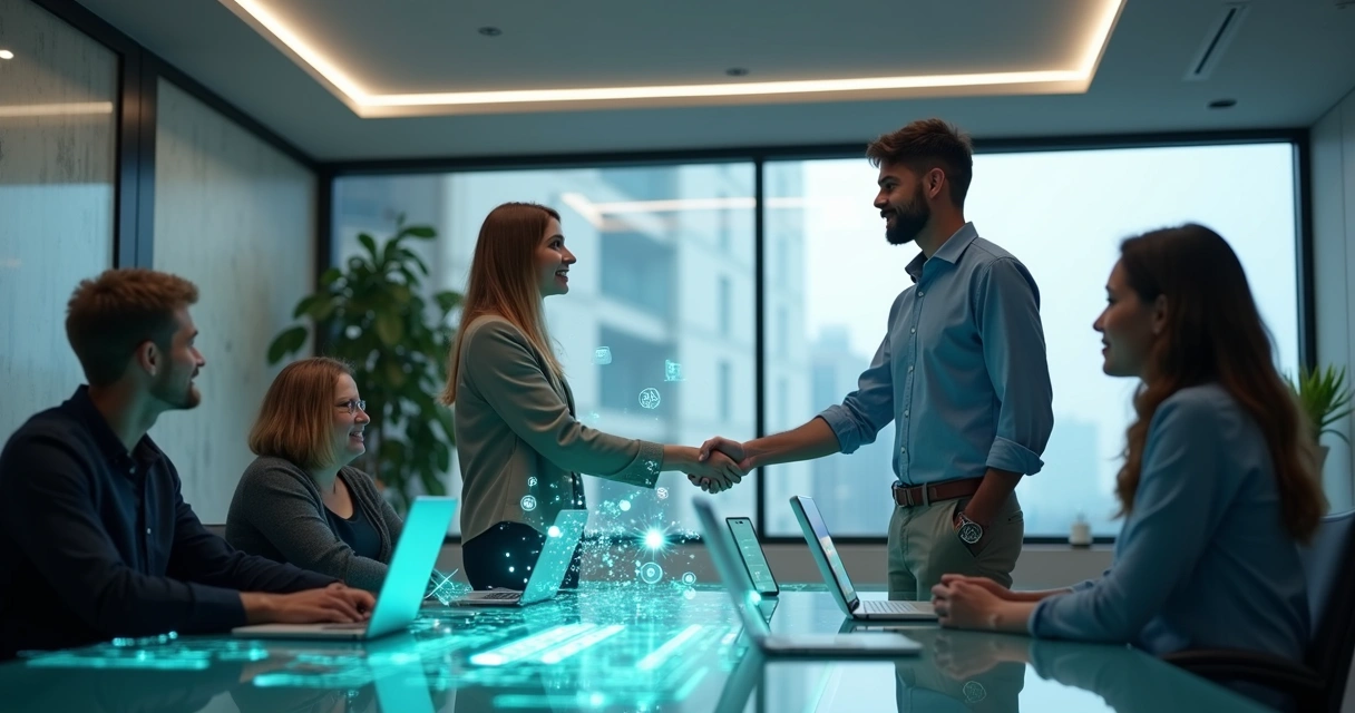 Pessoa apertando a mão de representante de empresa digital