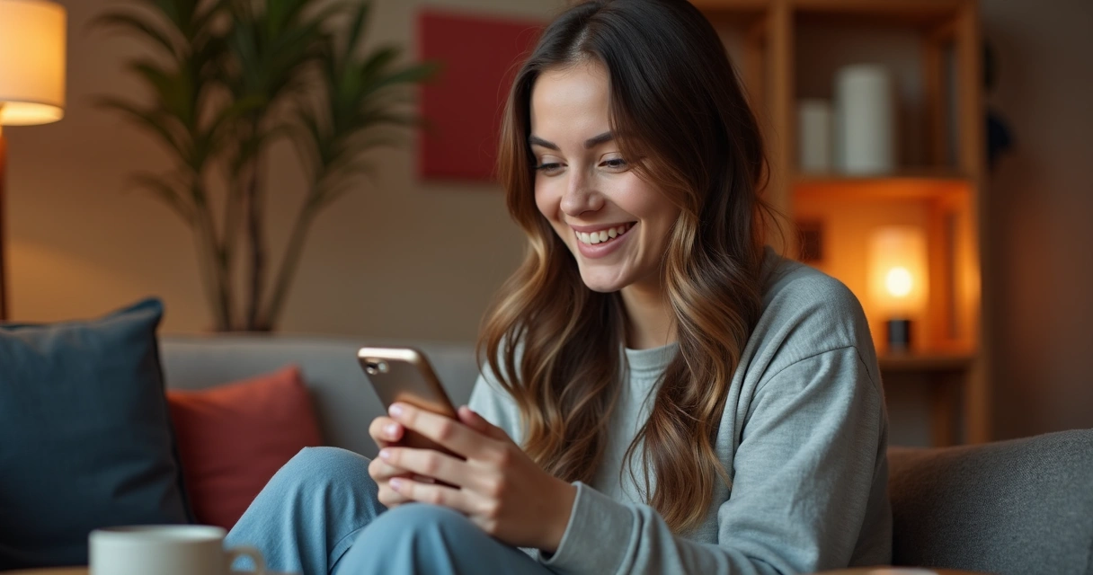 Usuário sorrindo ao usar aplicativo no smartphone 