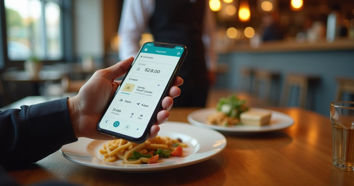 Cliente vendo pontos de fidelidade no celular no restaurante 