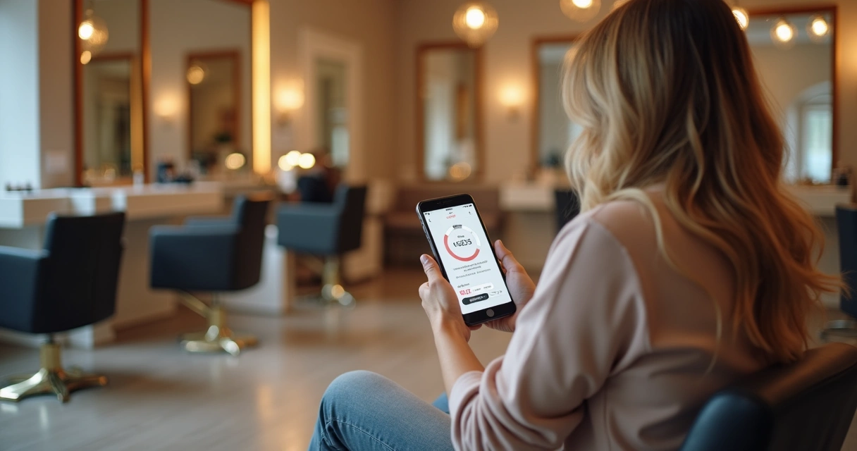 Cliente olhando pontos no celular no salão 