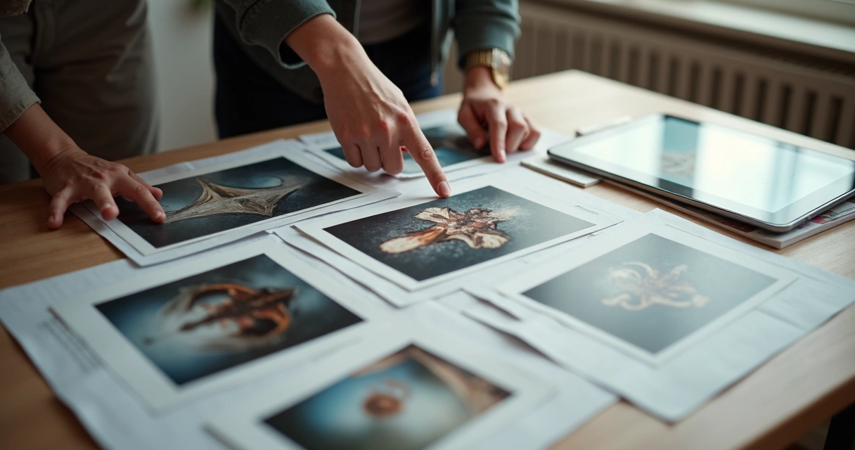 Cliente analisa referências fotográficas ao lado de um fotógrafo 