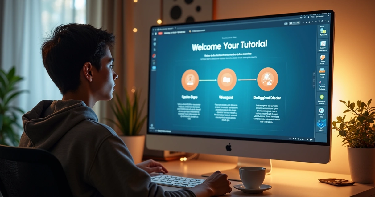 Cliente aprendendo a usar um produto digital na tela do computador 