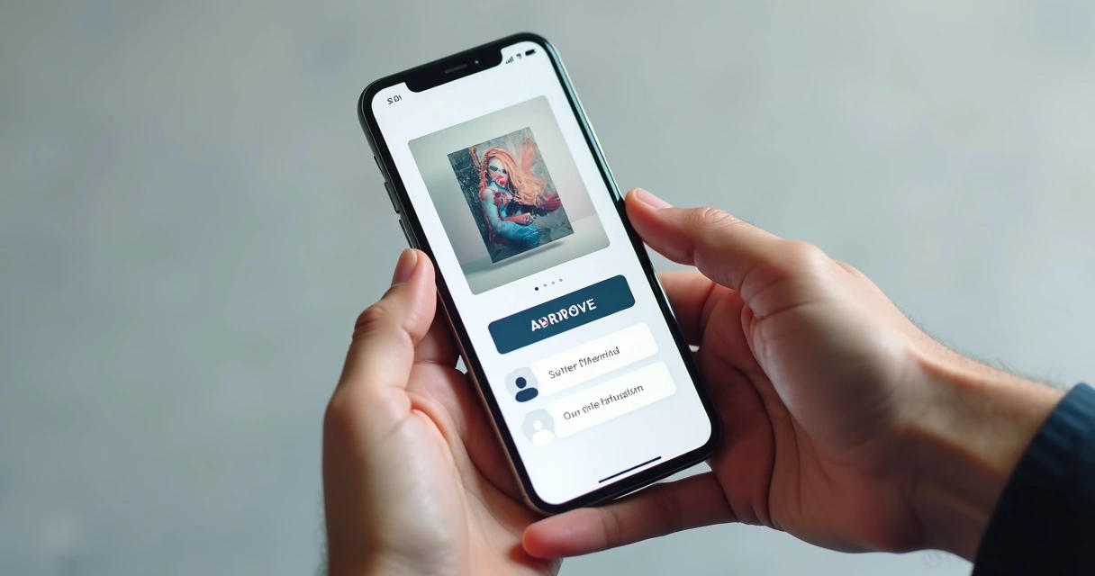 Pessoa usando smartphone aprova arte digital em interface simples e clara