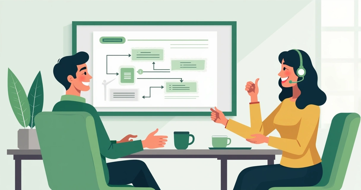 Cliente sorrindo ao aprovar atendimento eficiente representado em fluxograma 