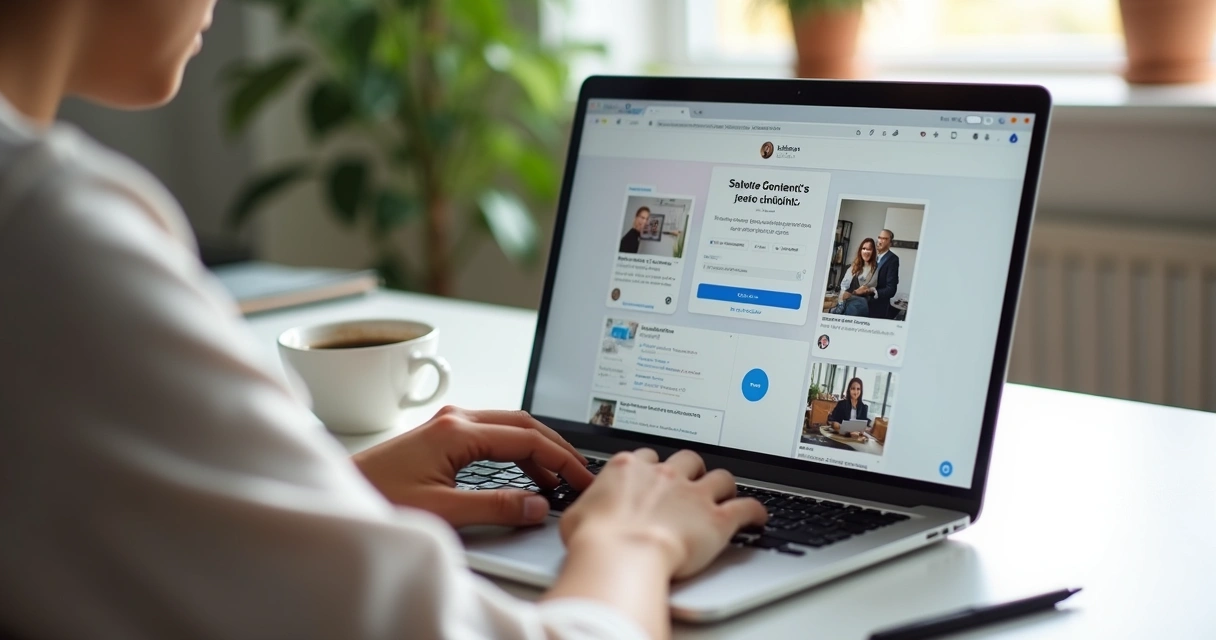 Cliente aprovando conteúdo em interface simples no notebook