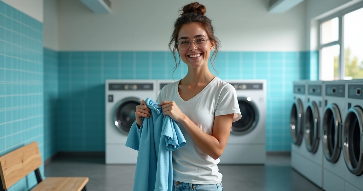 Cliente satisfeito segurando roupa limpa em lavanderia