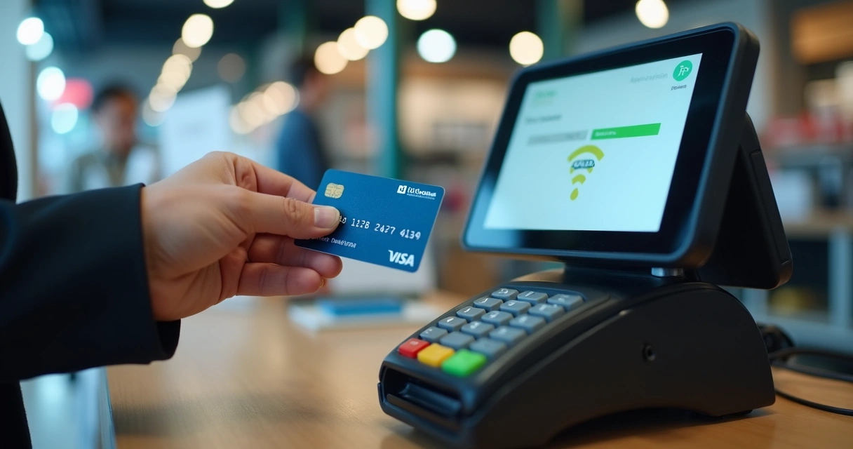 Cliente aproximando cartão da maquininha no caixa