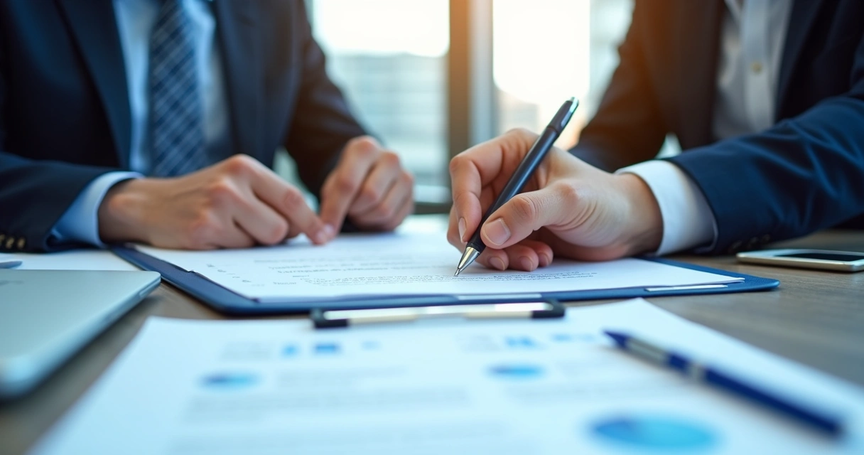 Cliente assinando contrato de BPO financeiro com consultor presente. 