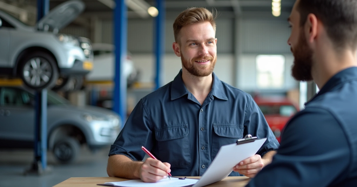 Cliente assinando guia de serviço com mecânico em oficina automotiva moderna e bem iluminada 