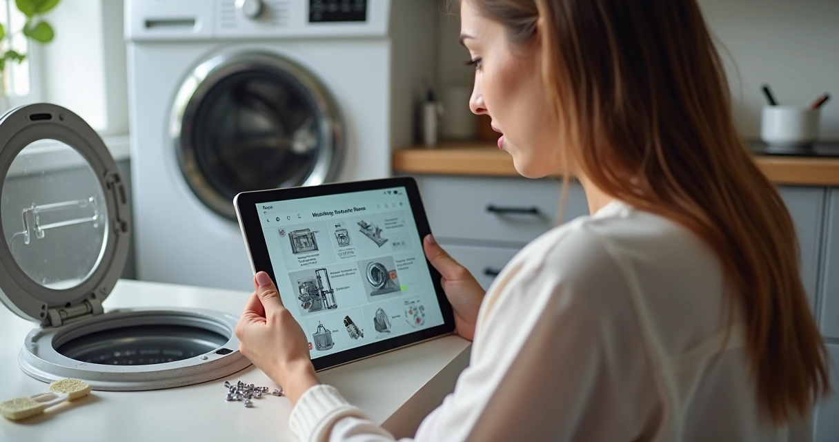 Pessoa assiste tutorial de conserto de máquina de lavar em tablet sobre bancada 