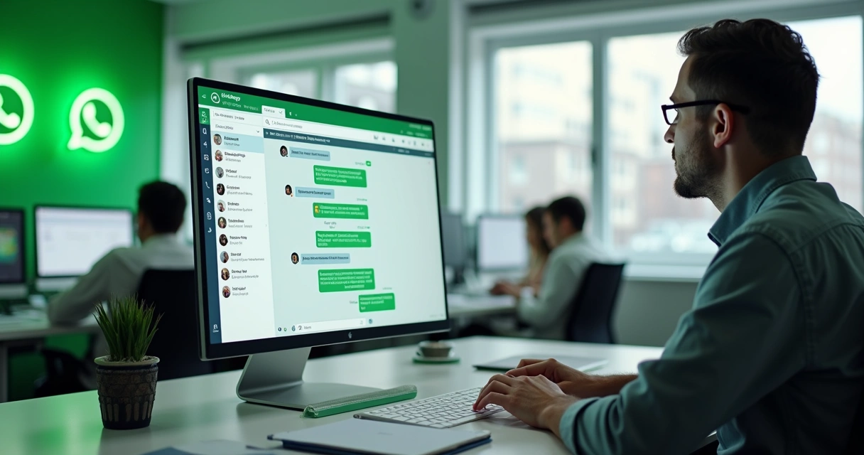 Pessoa controlando atendimento WhatsApp em ambiente corporativo