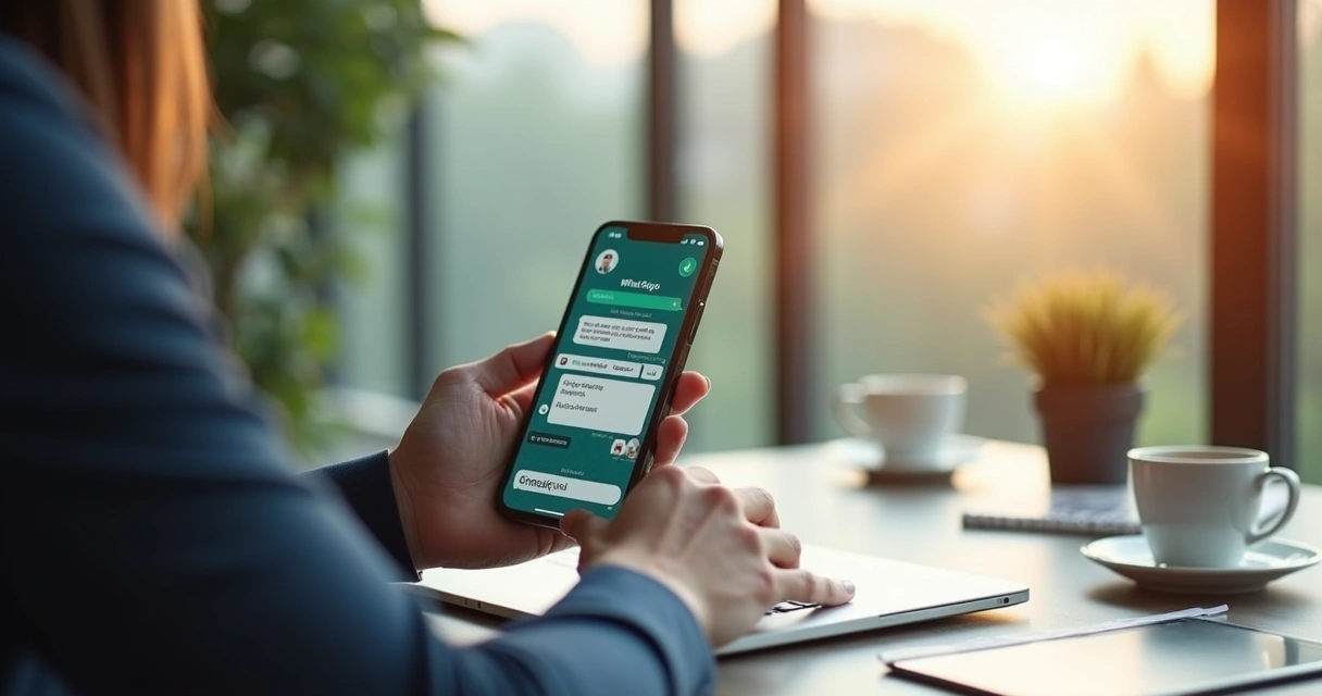Cliente interagindo com assistente virtual no WhatsApp em ambiente de escritório