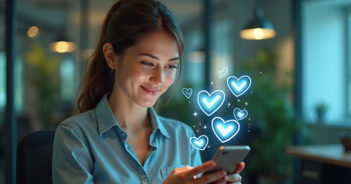 Cliente olhando para tela do celular com expressão de confiança e satisfação