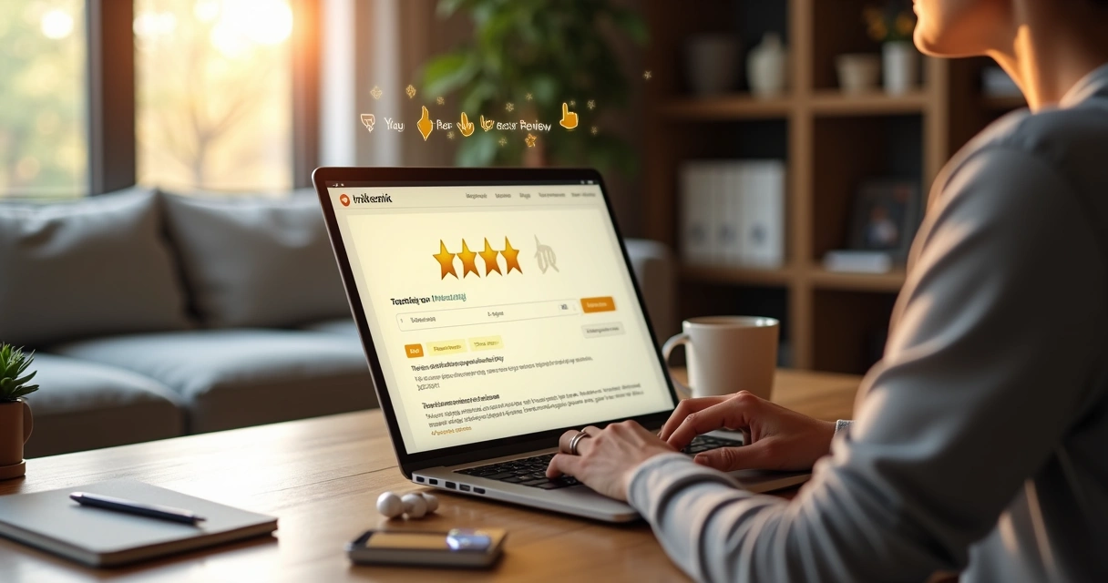 Cliente sorrindo avalia loja virtual com cinco estrelas na tela do notebook 