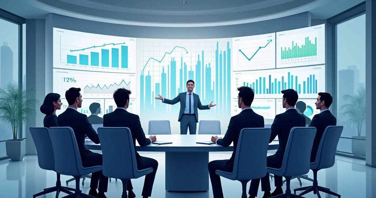 Profissionais em uma reunião online analisando dados em telas digitais 