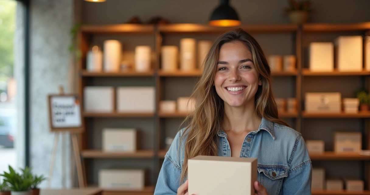 Cliente sorridente segurando produto exclusivo de pequena empresa 