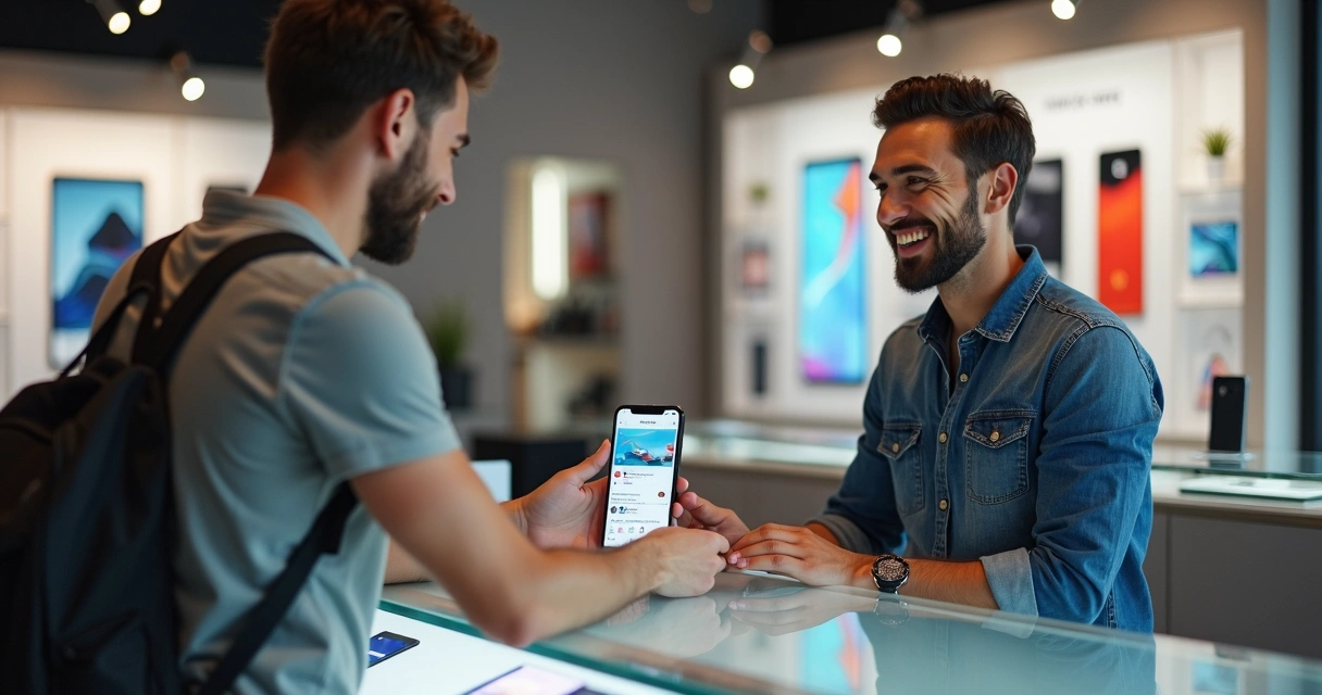 Cliente em loja de celular mostrando promoção do Instagram para vendedor no balcão 