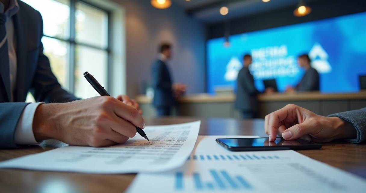 Cliente em agência bancária olhando documentos financeiros 