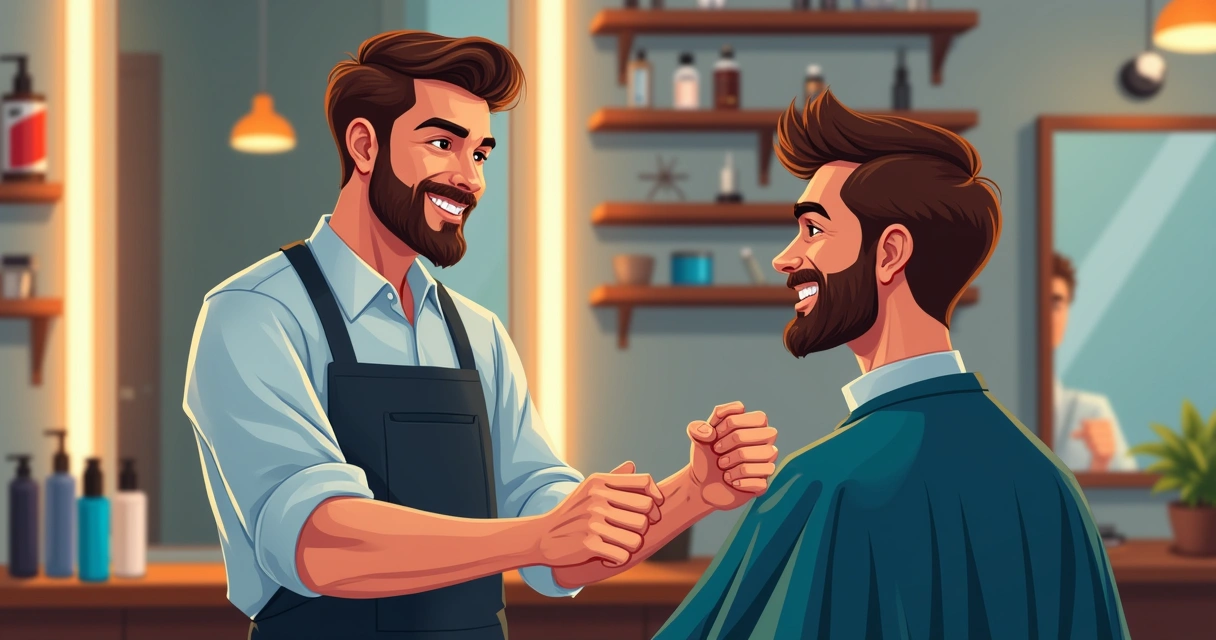 Barbeiro sorrindo com cliente após corte finalizado 