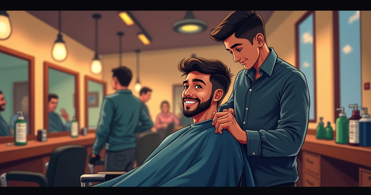Cliente feliz recebendo corte de cabelo em barbearia moderna 