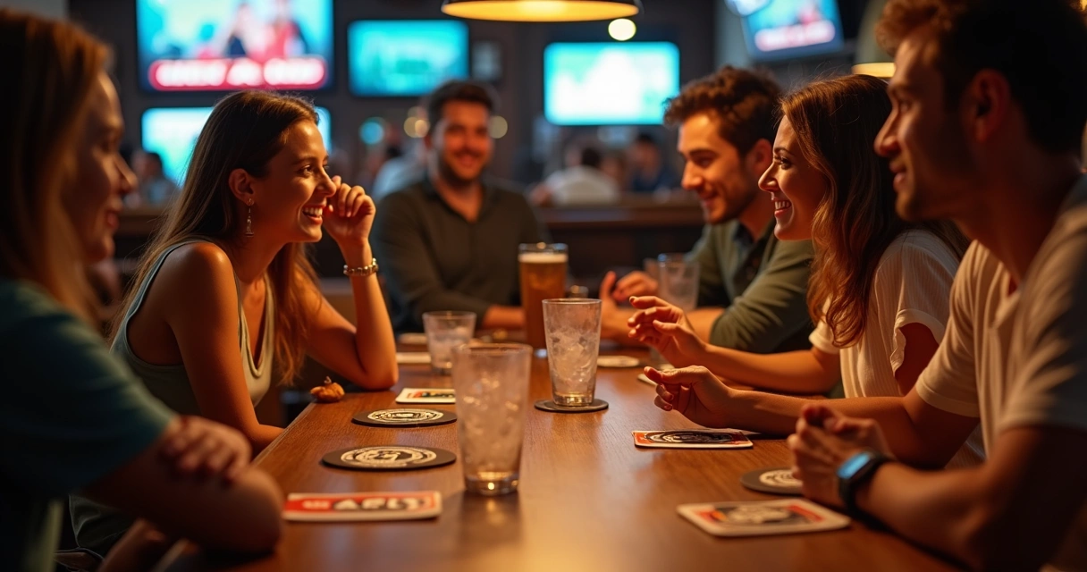Clientes sentados em mesa de bar, conversando e interagindo com mídia de porta-copo 