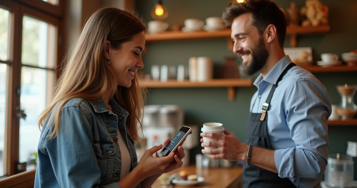 Cliente mostrando cartão de fidelidade digital em café local