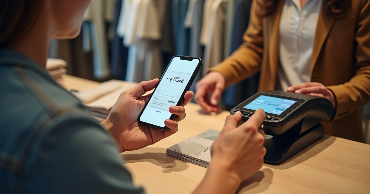Cliente usando carteira digital em loja de moda 