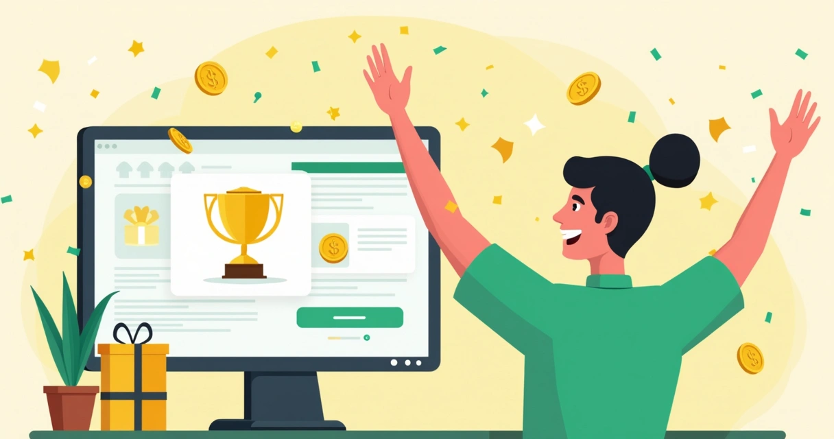 Cliente comemorando prêmio de programa de recompensas digital. 