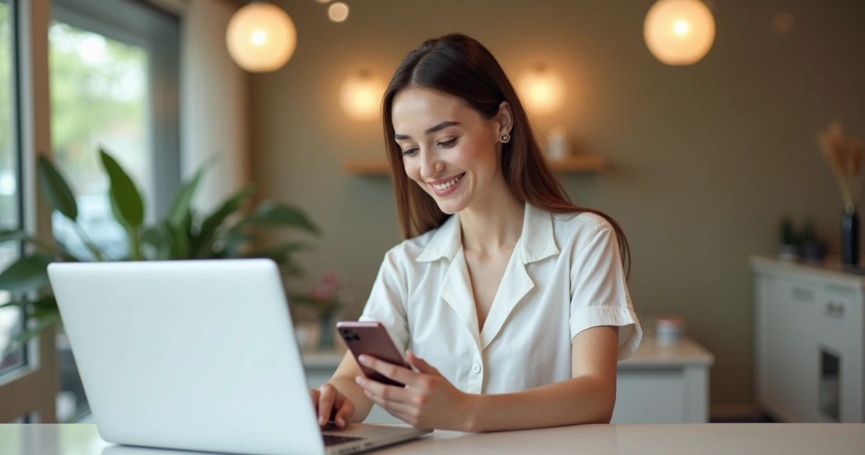 Atendente feminina moderna usando notebook e celular no balcão, respondendo cliente pelo WhatsApp 