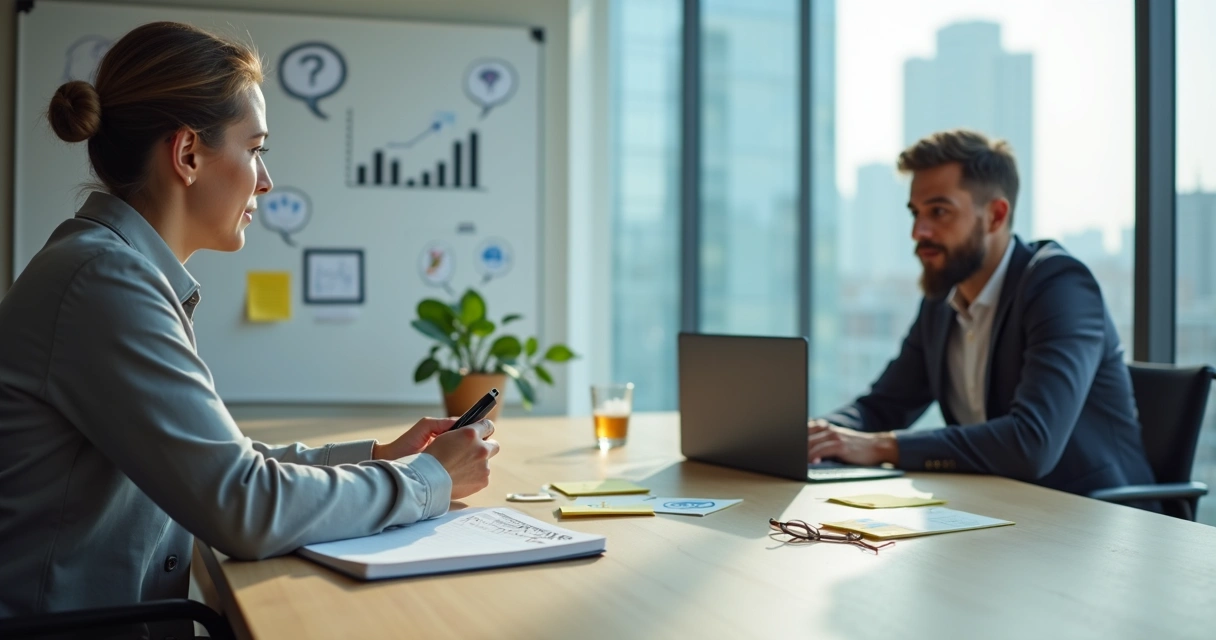 Coach conduzindo cliente em conversa com perguntas estratégicas em reunião de negócios 