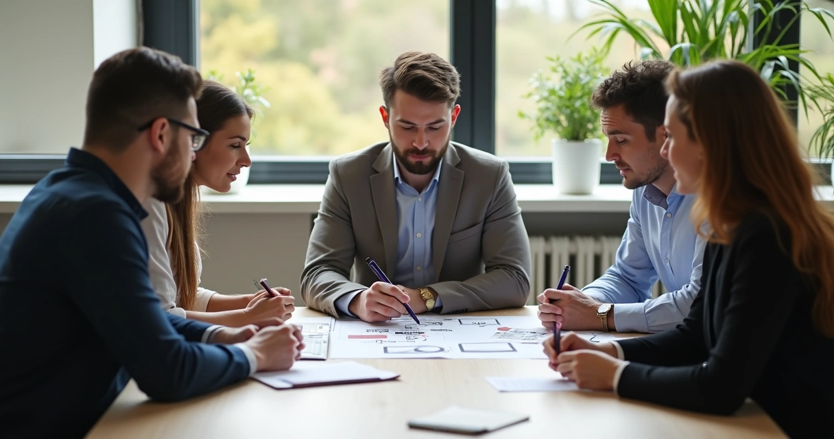 Cliente sentado à mesa junto com equipe de atendimento, dando sugestões durante reunião