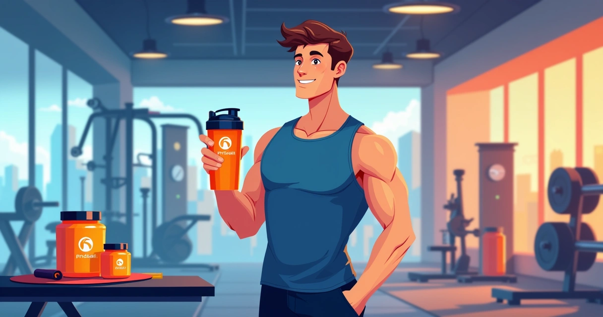 Homem segurando coqueteleira personalizada com logo de loja em academia 