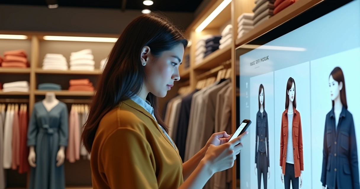 Cliente experimenta roupa na loja enquanto faz compra online no celular 