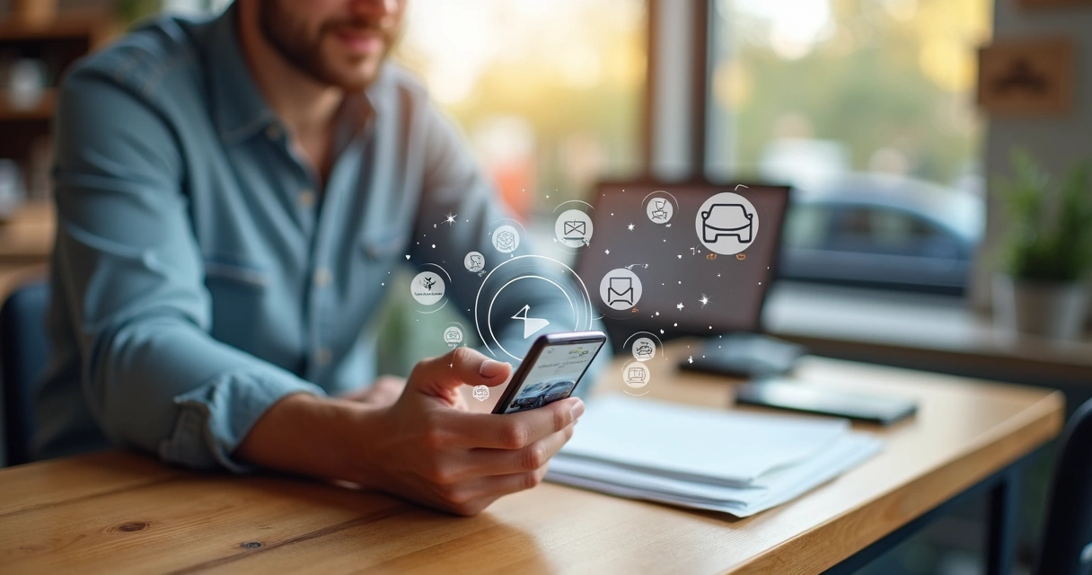 Pessoa usando smartphone para comprar bateria automotiva e loja ao fundo 