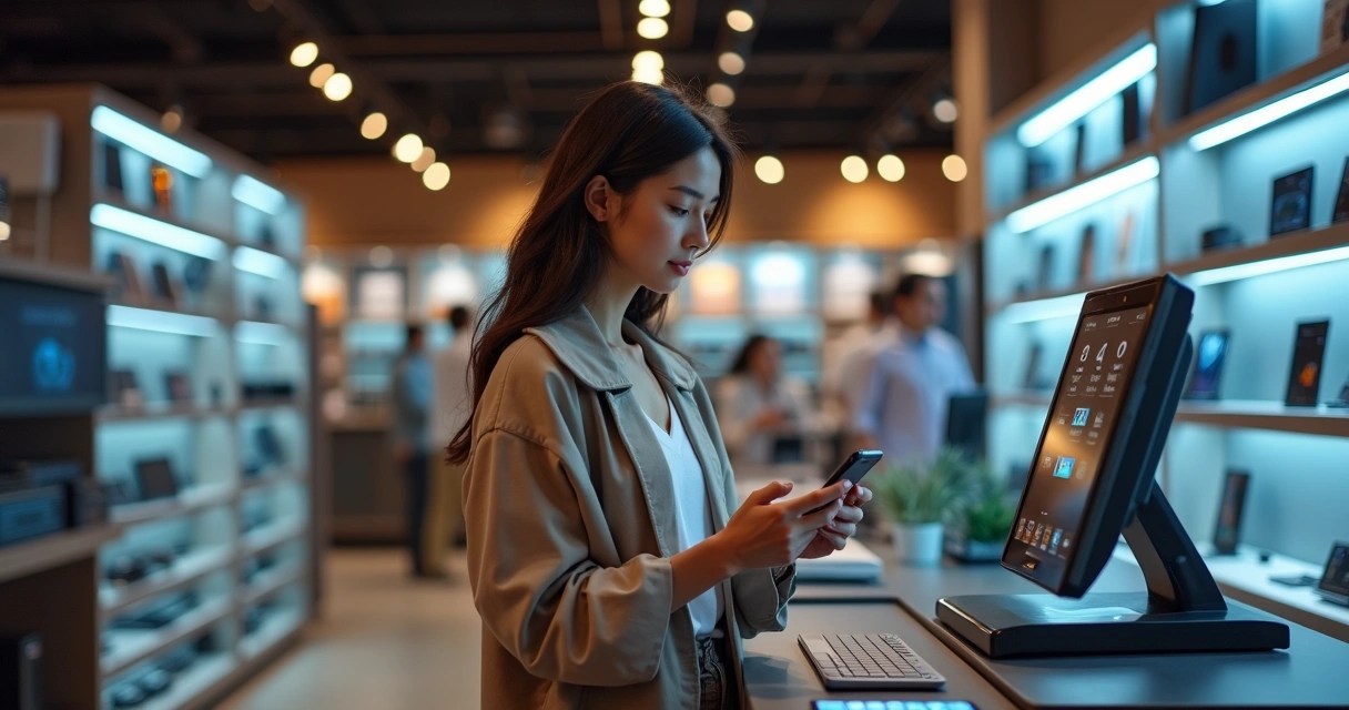 Cliente usando aplicativo na loja para comprar e retirar produto 