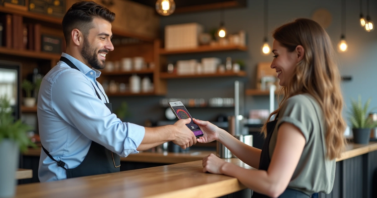 Cliente sorrindo ao receber carimbo digital em loja