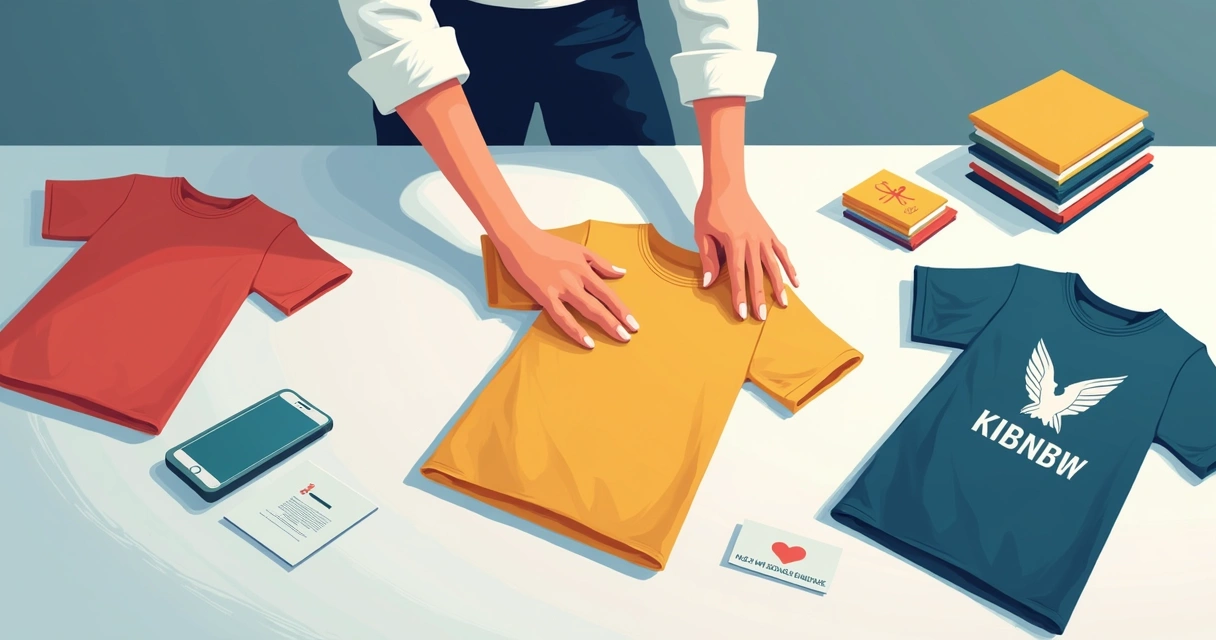 Cliente analisando amostras de camisetas personalizadas em mesa 