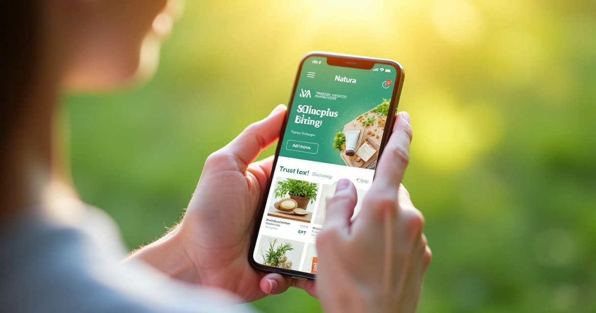 Cliente olhando o catálogo digital Natura no celular, com destaque nos produtos. 