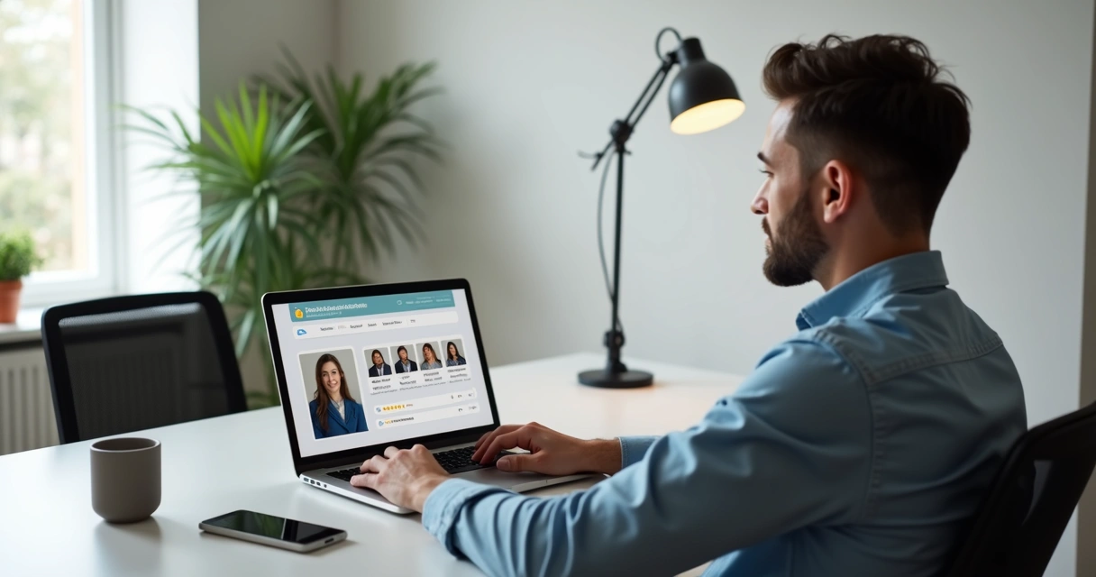 Cliente verificando perfil de acompanhante em site seguro, com fotos e avaliações visíveis 