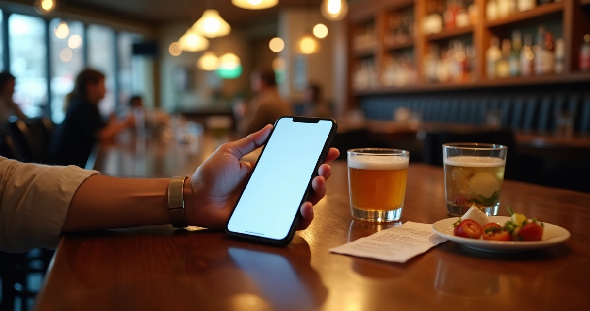 Cliente consultando saldo de cashback no celular em um bar