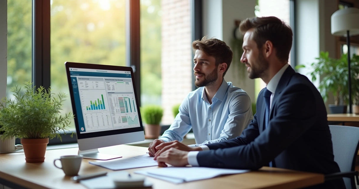 Contador explicando planilhas para cliente em escritório moderno