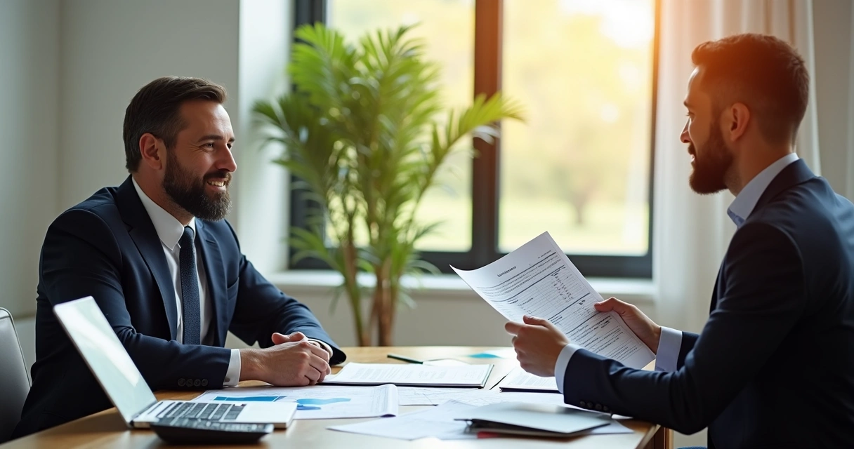 Empresário olhando aliviado para um contador que mostra relatórios organizados 
