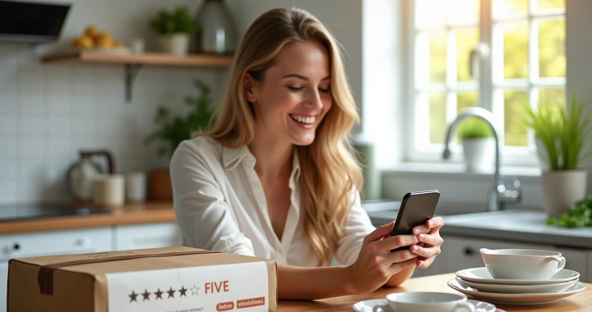 Cliente satisfeito confere avaliação de delivery no celular 